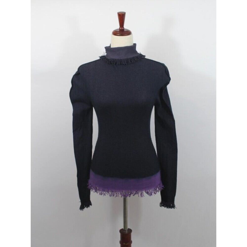 A POC Apoc Issey Miyake Sz 2 M Navy Fringe Turtleneck Top Nylon Mesh Stretchy